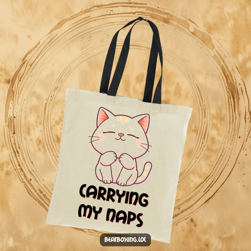 Funny tote bag illustration of a cat purring deeply with eyes closed and a relaxed, contented face.