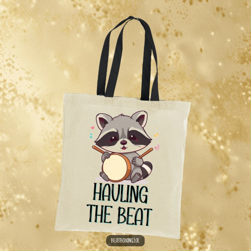 Funny raccoon tote bag featuring a mischievous character mimicking drum sounds with its paws, a humorous and practical accessory.
