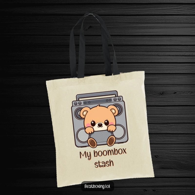 Funny tote bag with a curious bear peeking from behind a boombox, perfect for music lovers and a touch of whimsy.