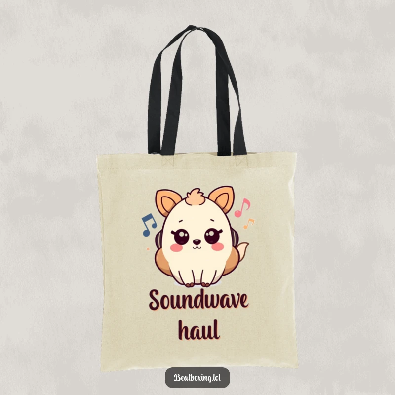 Funny Tote Bag featuring a cheerful animal character scattering musical notes and sound waves, practical and full of personality.