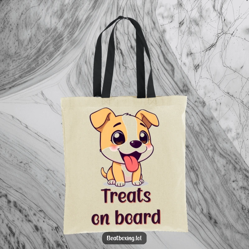 Funny tote bag illustration of a happy dog barking enthusiastically, tongue out in excitement.